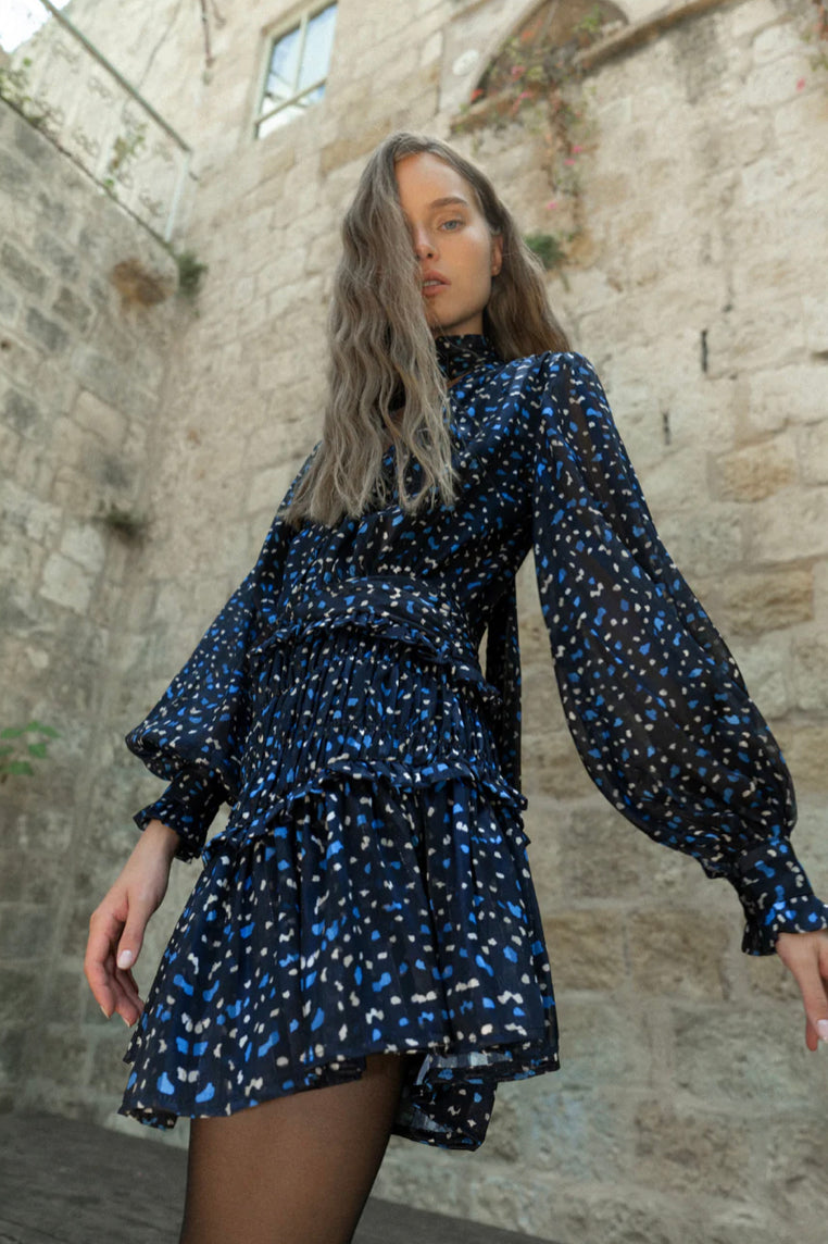 SABINA MUSAYEV AMABEL DRESS - Bread Boutique - asymmetrical, black, BLUE, GLAMOROUS, GORGEOUS, polyester, printed, puffed sleeve, SABINA MUSAYEV, SATIN, SEXY, SHIMMERING, shiny, sleeved, SOFT, SOPHISTICATED, sophisticaterd, STUNNING, SUPERB, WAISTED - Darwin boutique - Darwin fashion