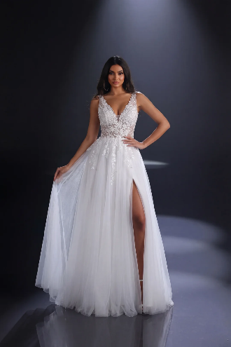 Nicoletta pretty flowers embroidered all over light tulle v neck gown