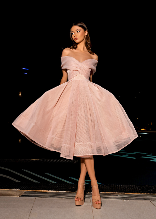 J’Adore Off-the-Shoulder Midi cocktail gown