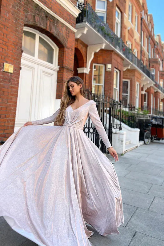 Nicoletta v neck long sleeve full length gown