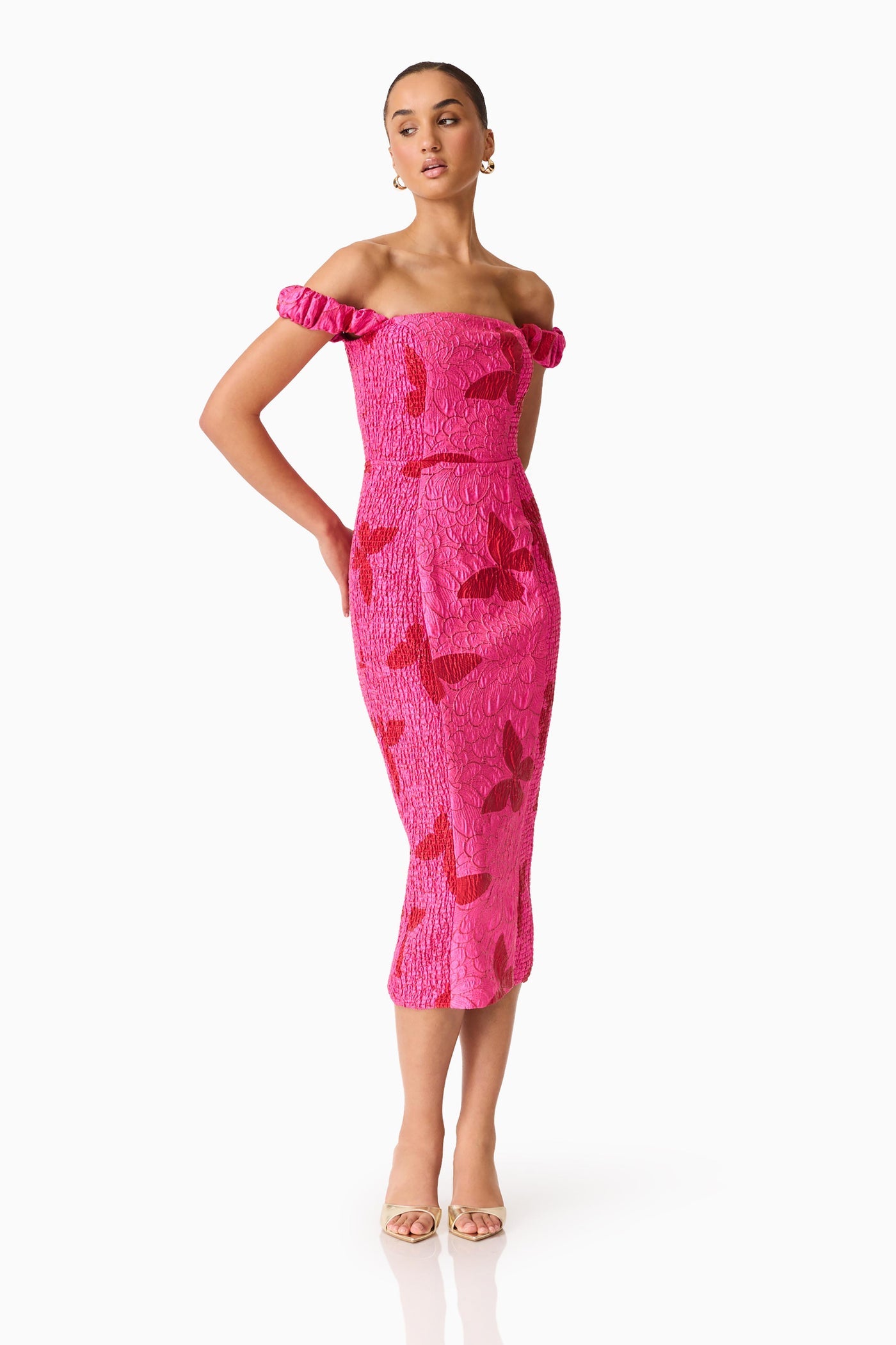 Elliatt Lorena Jacquard Off Shoulder Midi Dress in Pink