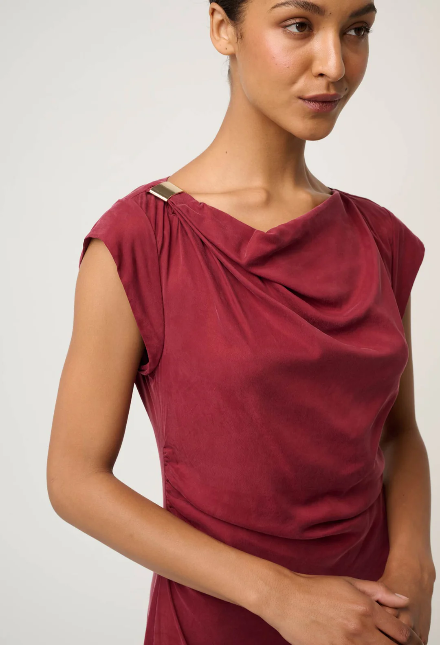 Once was MONIQUE DRAPED NECK CUPRO VISCOSE STRETCH GOLD COLUMN DRESS IN RUBY