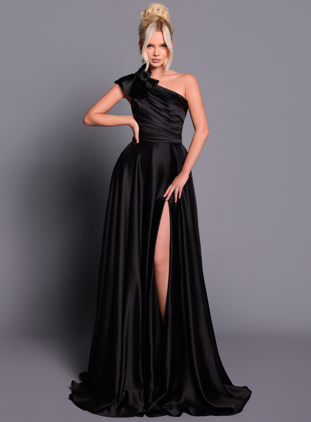 Nicoletta draped one shoulder full skirt gown