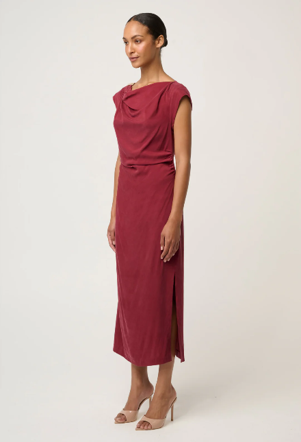 Once was MONIQUE DRAPED NECK CUPRO VISCOSE STRETCH GOLD COLUMN DRESS IN RUBY