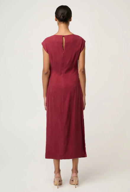 Once was MONIQUE DRAPED NECK CUPRO VISCOSE STRETCH GOLD COLUMN DRESS IN RUBY