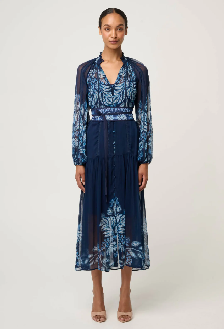 Once Was  SLOANE VISCOSE CHIFFON PRINT MIDI DRESS IN MOONLIT BATIK