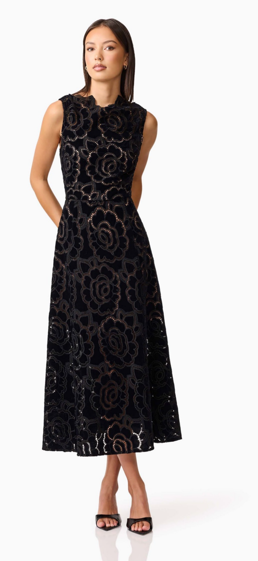 Elliatt Eris embroidered cutout black velvet midi dress