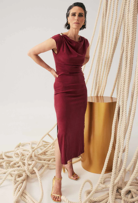 Once was MONIQUE DRAPED NECK CUPRO VISCOSE STRETCH GOLD COLUMN DRESS IN RUBY