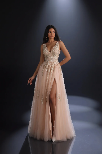 Nicoletta pretty flowers embroidered all over light tulle v neck gown