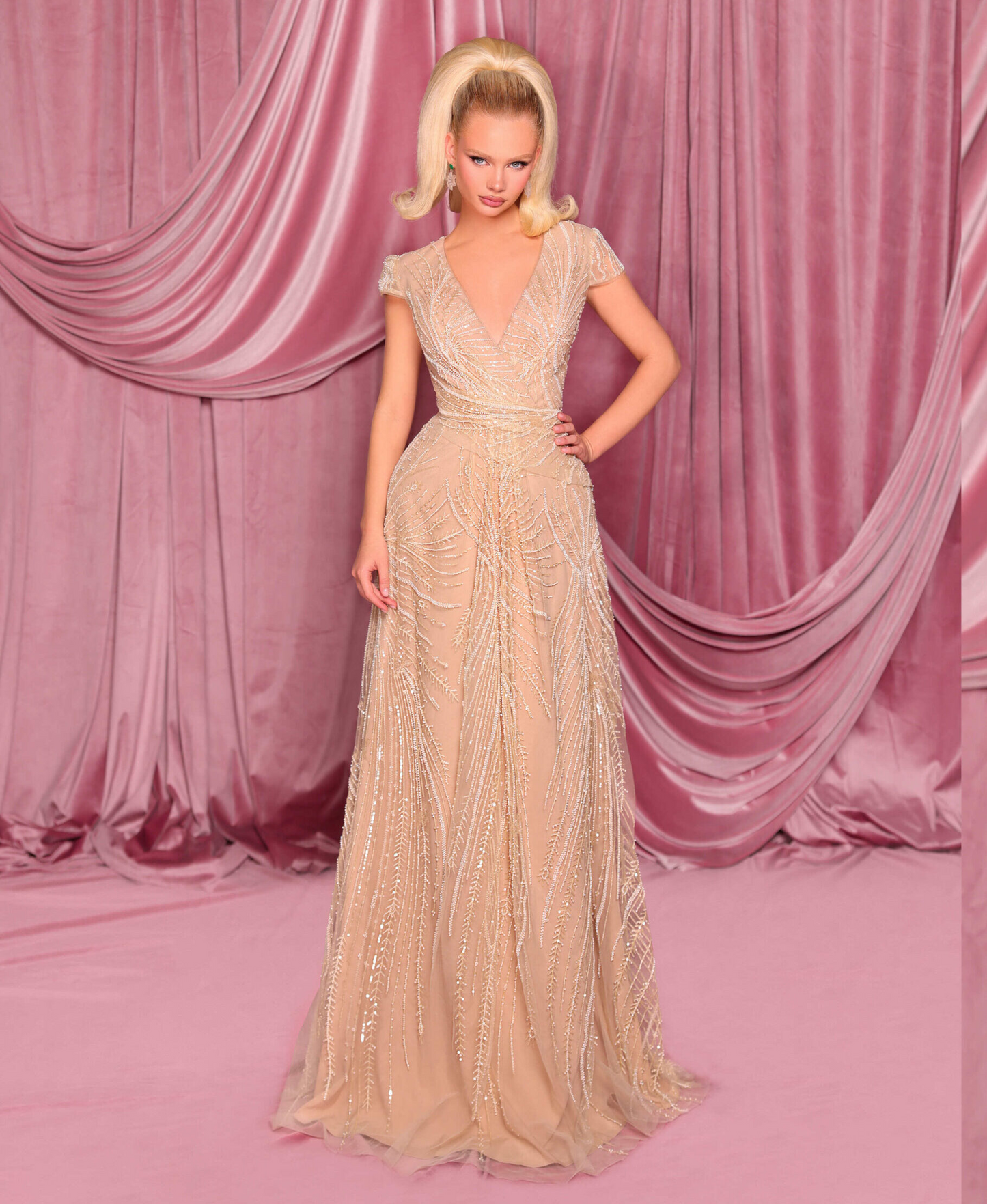 Nicoletta cap sleeve fully beaded ball gown