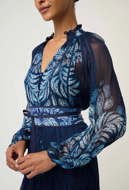 Once Was  SLOANE VISCOSE CHIFFON PRINT MIDI DRESS IN MOONLIT BATIK