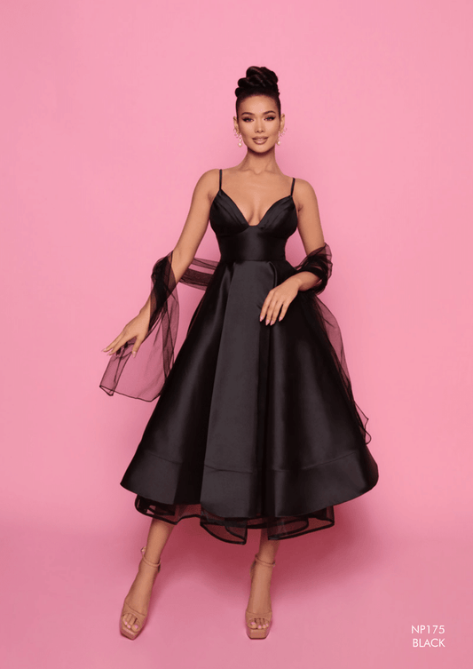 Nicoletta strappy cocktail dress in mikado satin