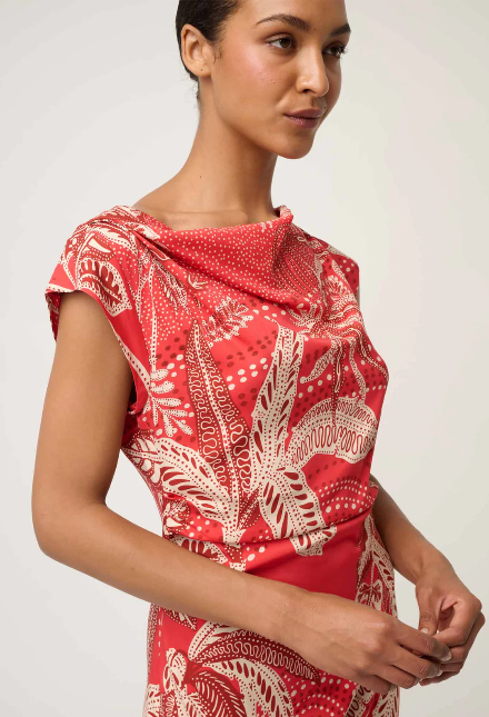 Once was MONIQUE DRAPED NECK CUPRO VISCOSE STRETCH COLUMN DRESS IN CRIMSON PALMS