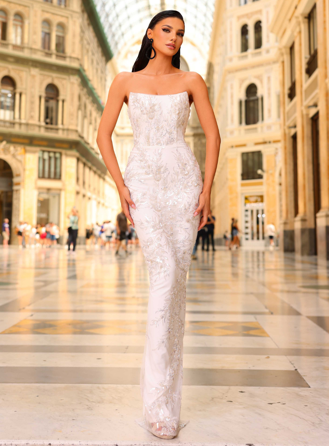 Nicoletta peaked neckline beaded column gown