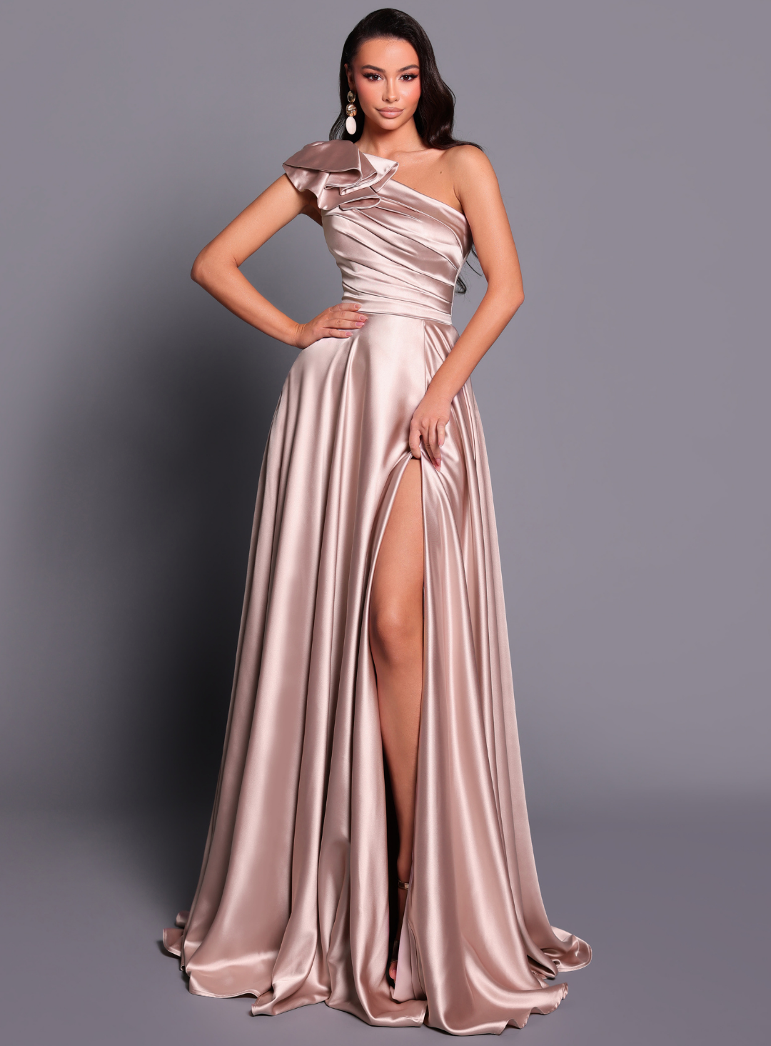 Nicoletta draped one shoulder full skirt gown