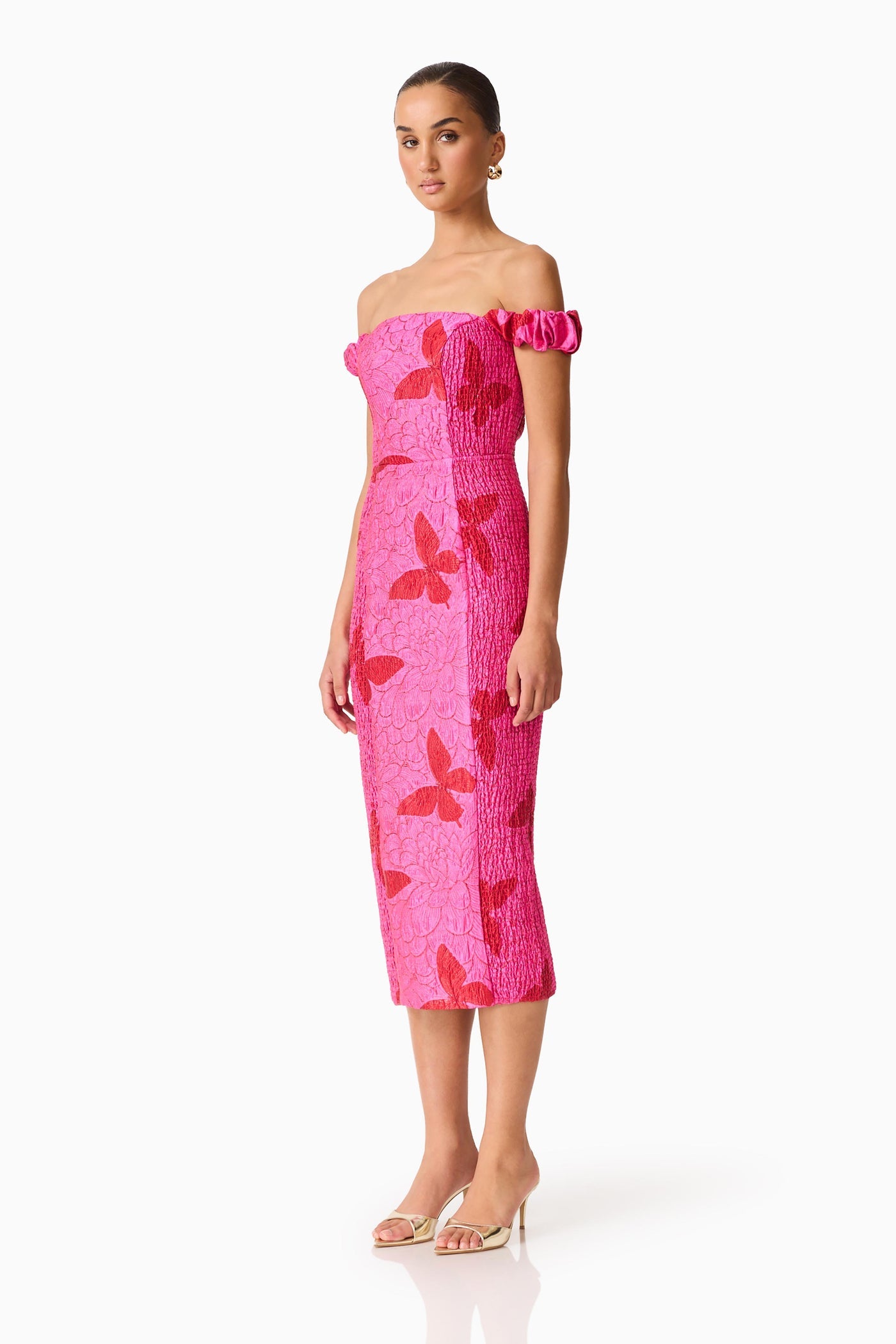 Elliatt Lorena Jacquard Off Shoulder Midi Dress in Pink
