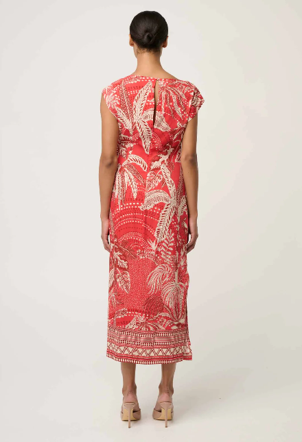 Once was MONIQUE DRAPED NECK CUPRO VISCOSE STRETCH COLUMN DRESS IN CRIMSON PALMS