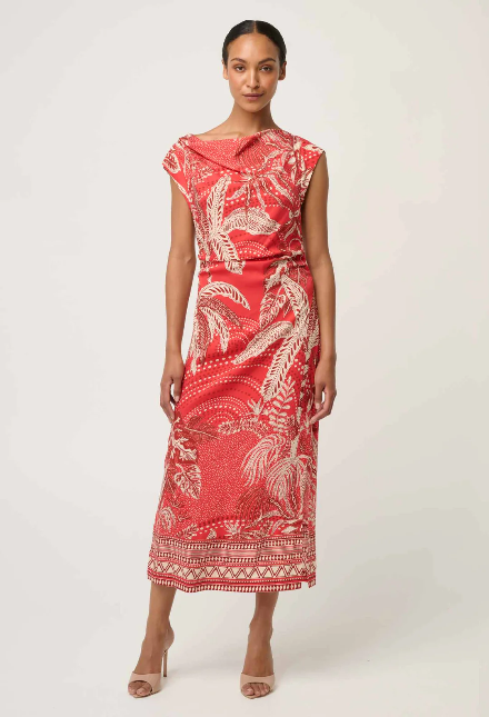 Once was MONIQUE DRAPED NECK CUPRO VISCOSE STRETCH COLUMN DRESS IN CRIMSON PALMS