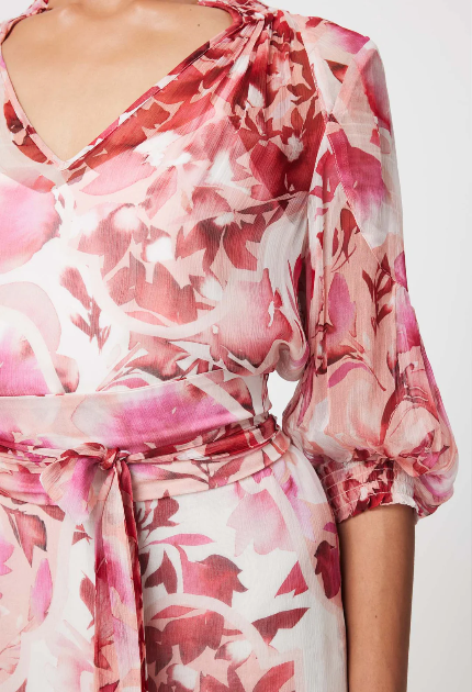 Once Was ANNABELLE VISCOSE CHIFFON DRESS IN FLAMINGO FLOWER