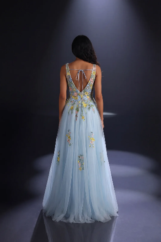 Nicoletta pretty flowers embroidered all over light tulle v neck gown