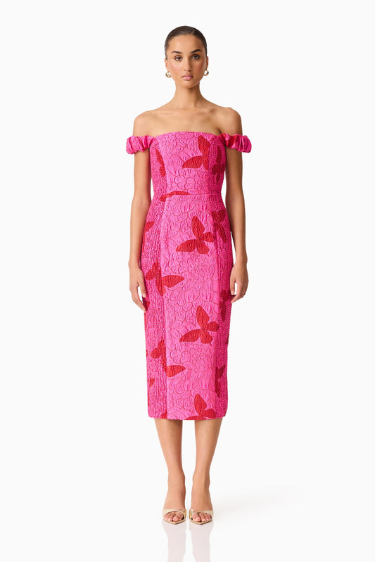 Elliatt Lorena Jacquard Off Shoulder Midi Dress in Pink