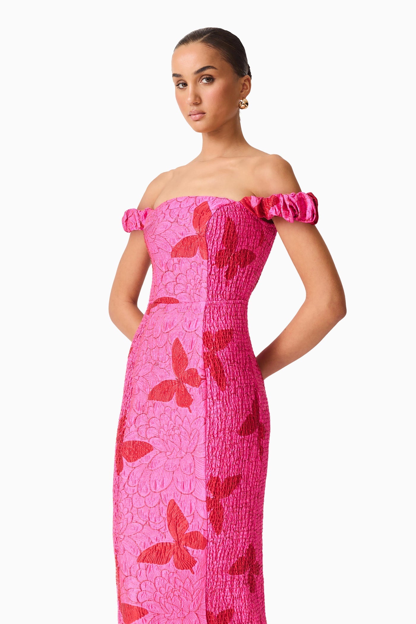 Elliatt Lorena Jacquard Off Shoulder Midi Dress in Pink