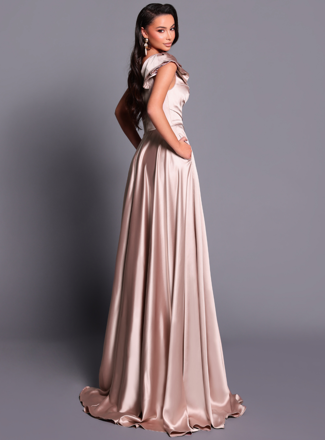 Nicoletta draped one shoulder full skirt gown