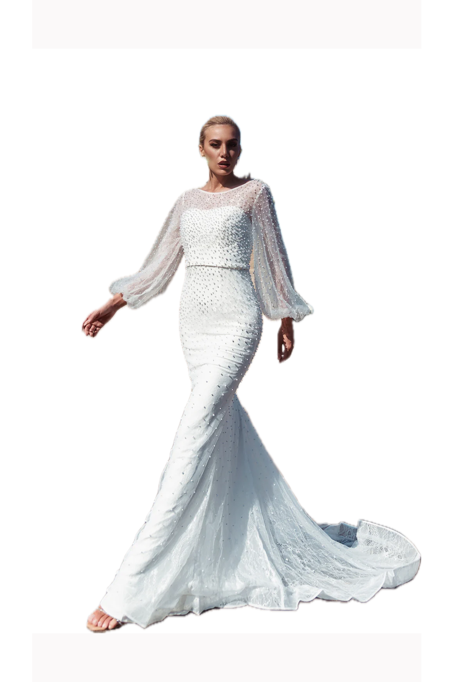 Buy Tina Holly Off-White Wedding Dress with Pearls and Sheer Long