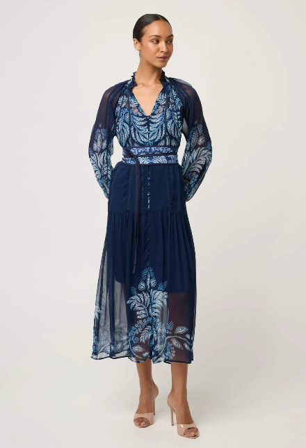 Once Was  SLOANE VISCOSE CHIFFON PRINT MIDI DRESS IN MOONLIT BATIK