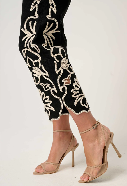 Once was HELM EMBROIDERED LINEN VISCOSE PANT IN BLACK