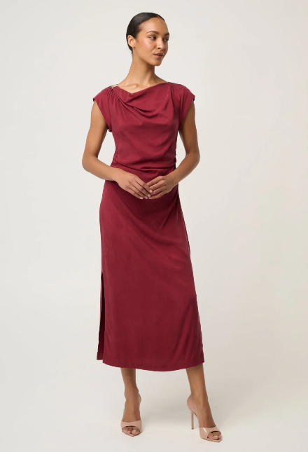 Once was MONIQUE DRAPED NECK CUPRO VISCOSE STRETCH GOLD COLUMN DRESS IN RUBY