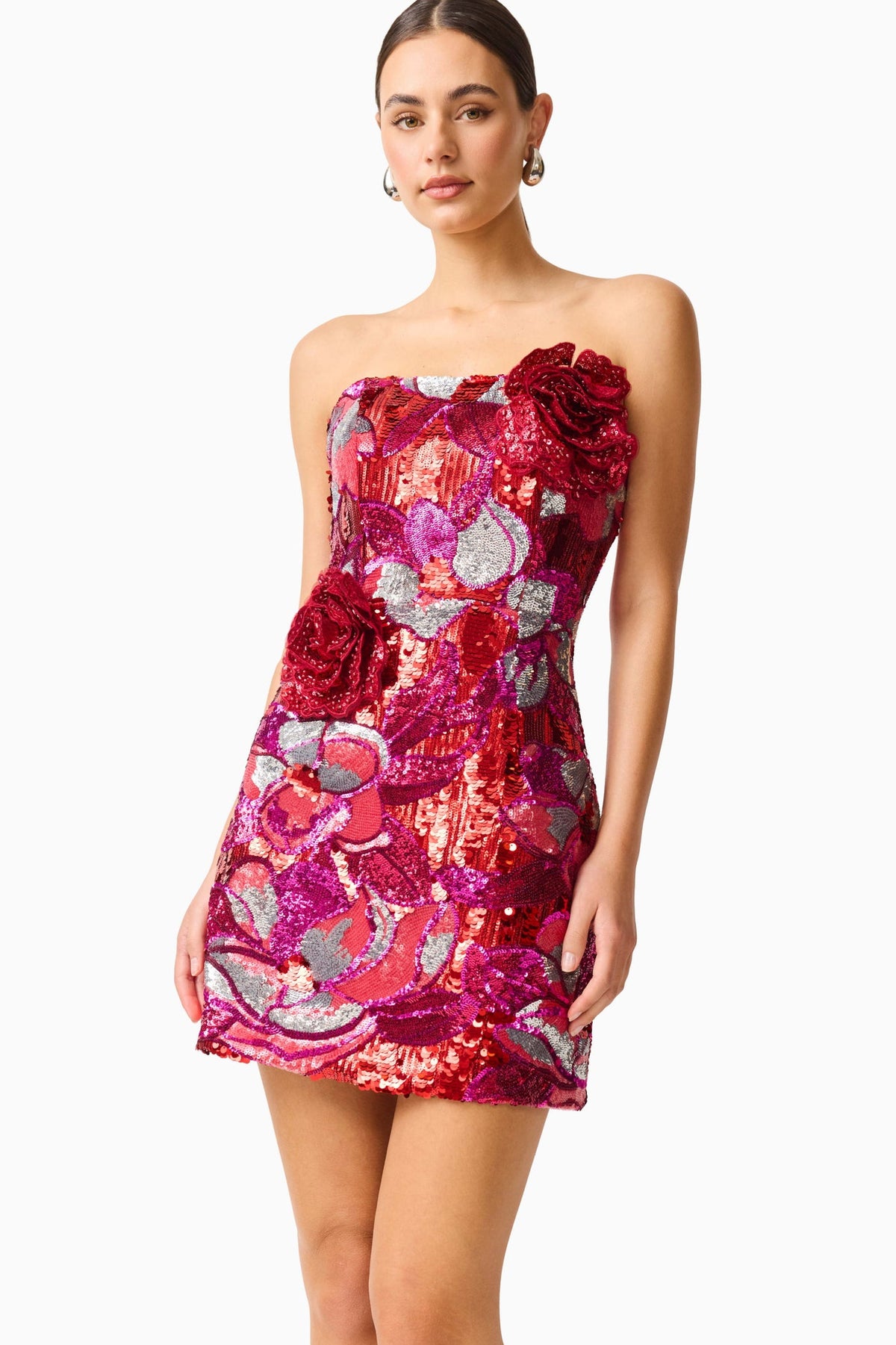 Solara Embellished Mini Dress in Red & Pink