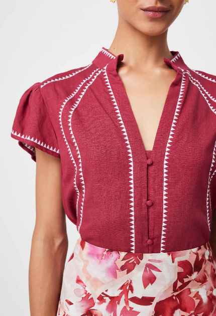 Once Was…CARLYLE Embroidered Linen Viscose Top in Crimson