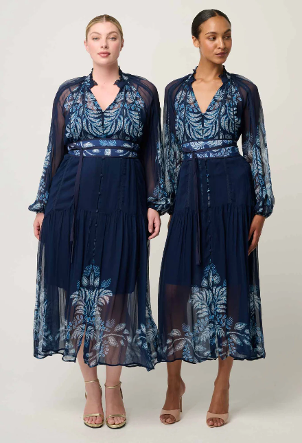 Once Was  SLOANE VISCOSE CHIFFON PRINT MIDI DRESS IN MOONLIT BATIK