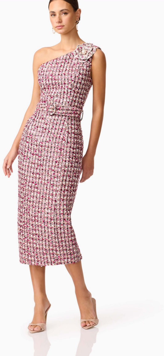 Elliatt Bianca one shoulder boucle midi dress