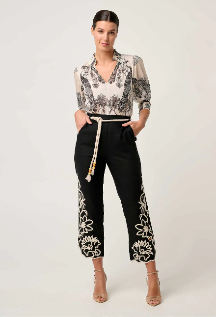Once was HELM EMBROIDERED LINEN VISCOSE PANT IN BLACK