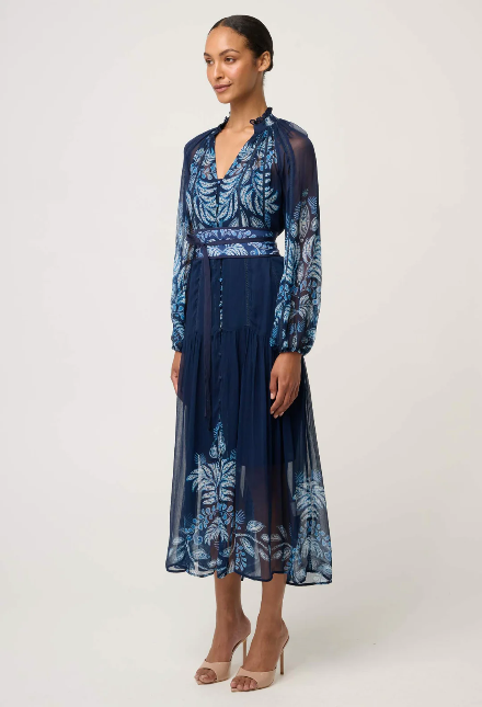 Once Was  SLOANE VISCOSE CHIFFON PRINT MIDI DRESS IN MOONLIT BATIK