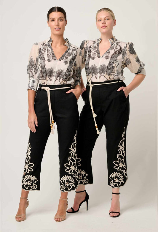Once was HELM EMBROIDERED LINEN VISCOSE PANT IN BLACK