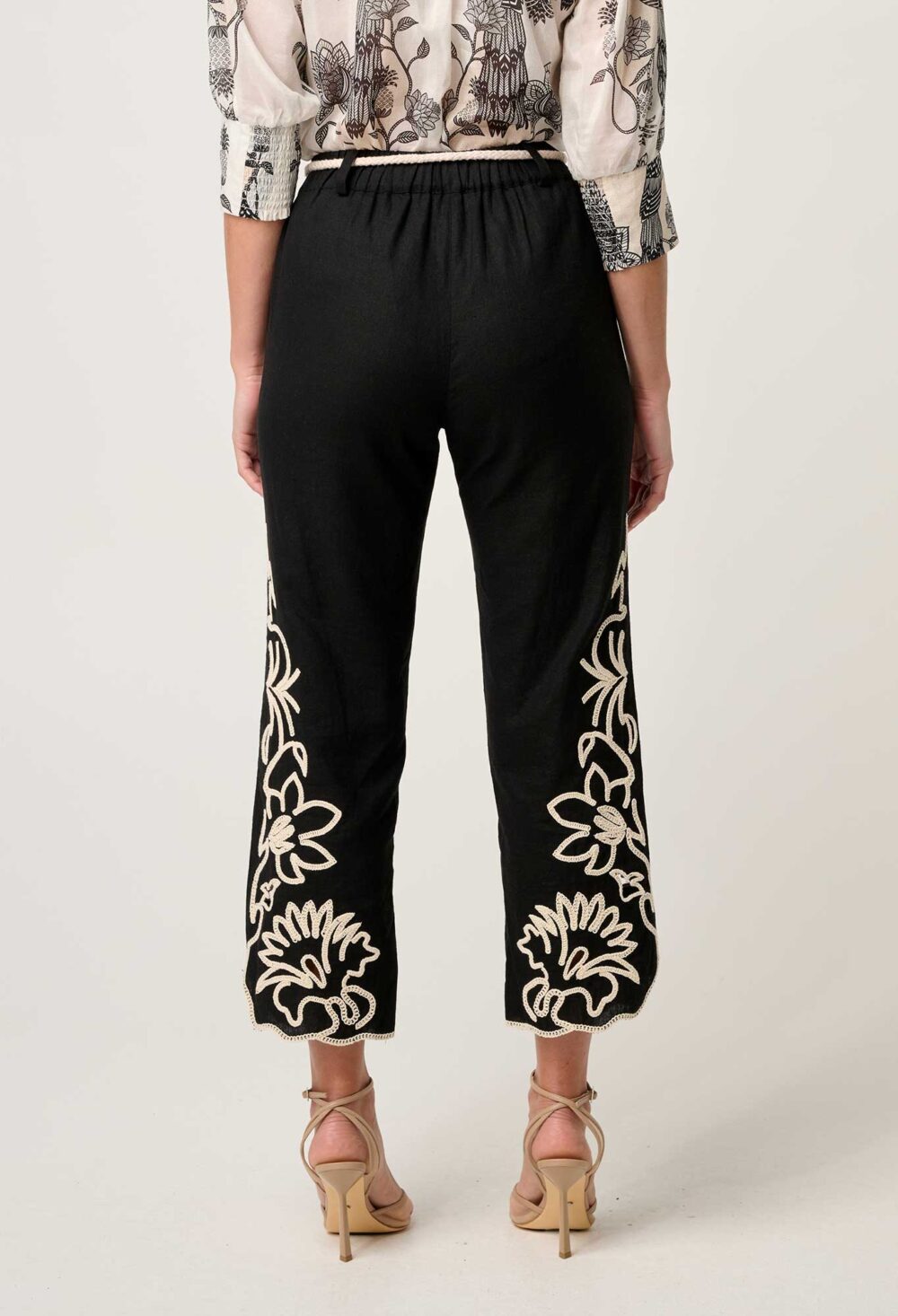 Once was HELM EMBROIDERED LINEN VISCOSE PANT IN BLACK