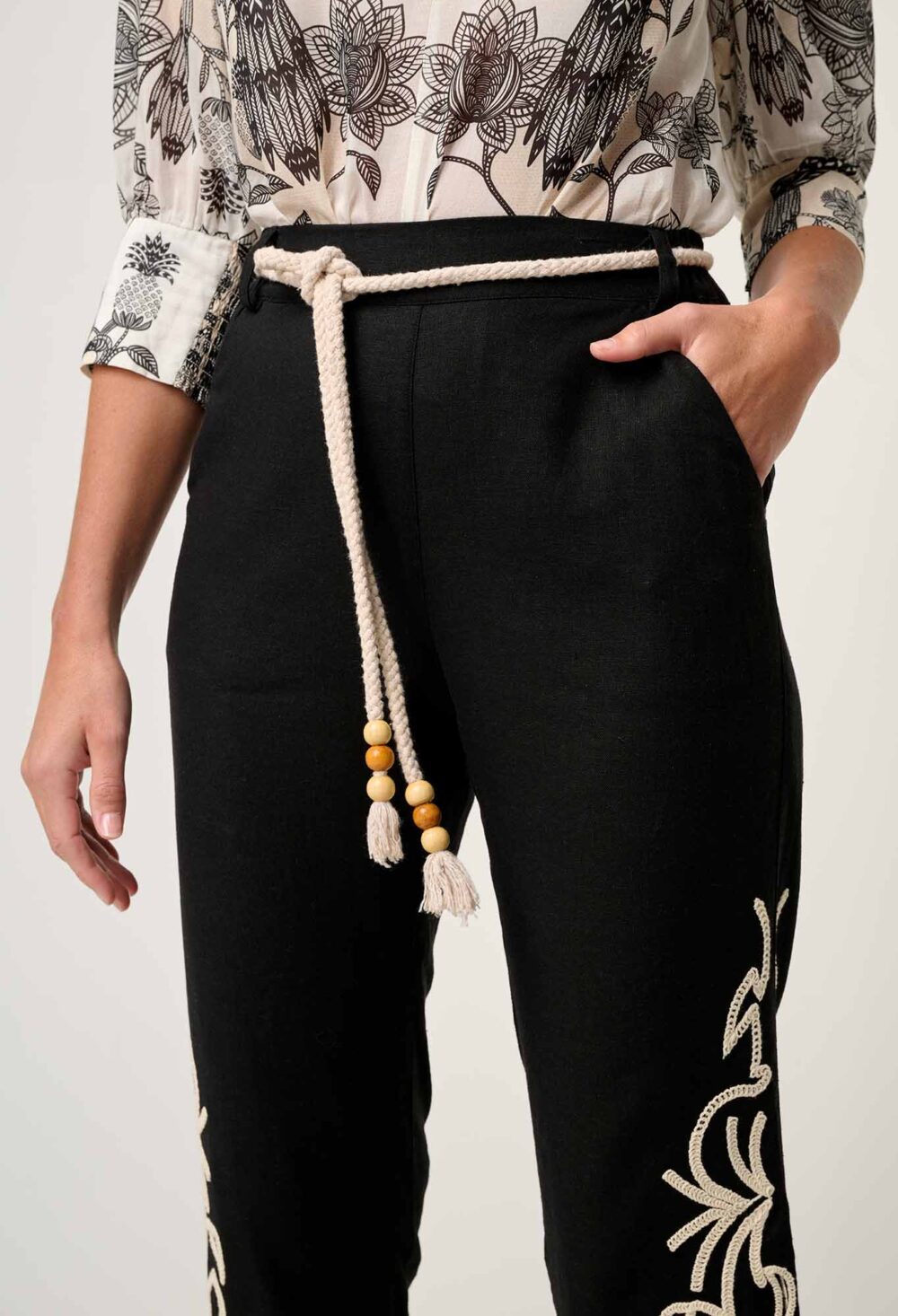 Once was HELM EMBROIDERED LINEN VISCOSE PANT IN BLACK