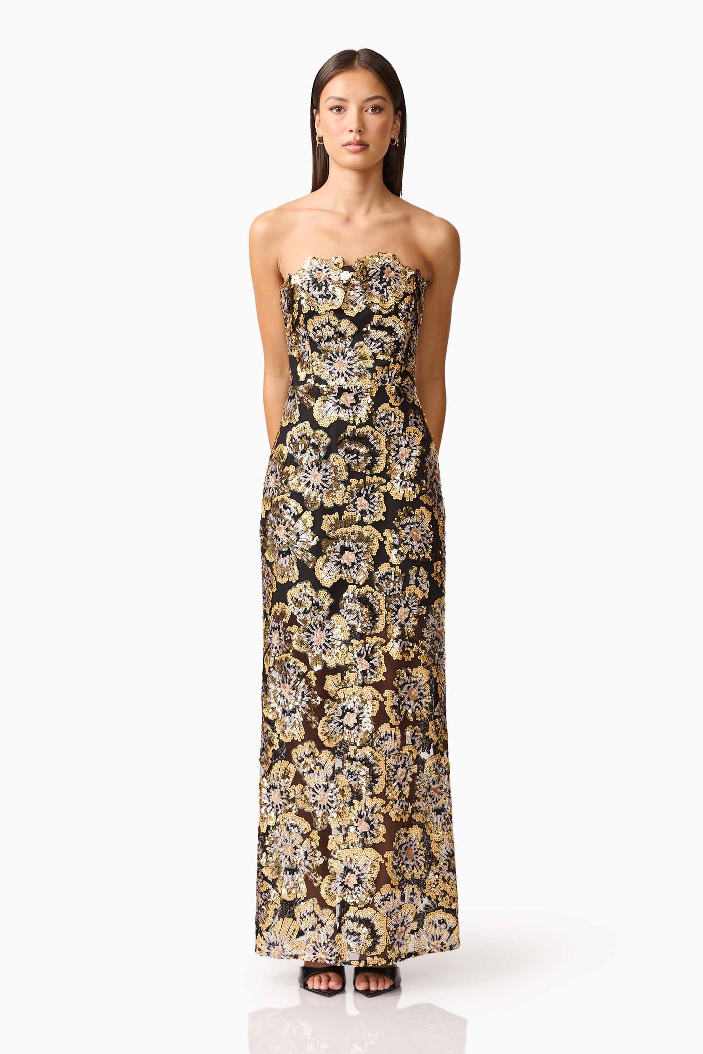 Elliatt Celeste gown black and gold sequins