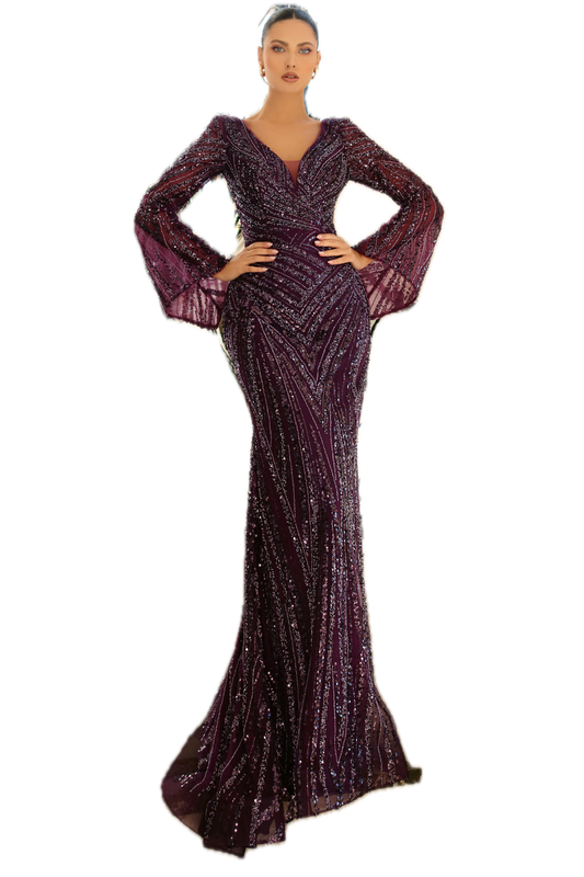 Nicoletta LUX004 Long Sleeved Floor Length gown - Plum