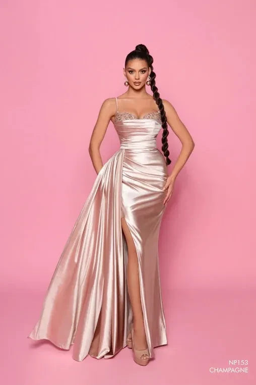 NICOLETTA  GOWN - Champagne stretchy glossy satin with sequin embellishment