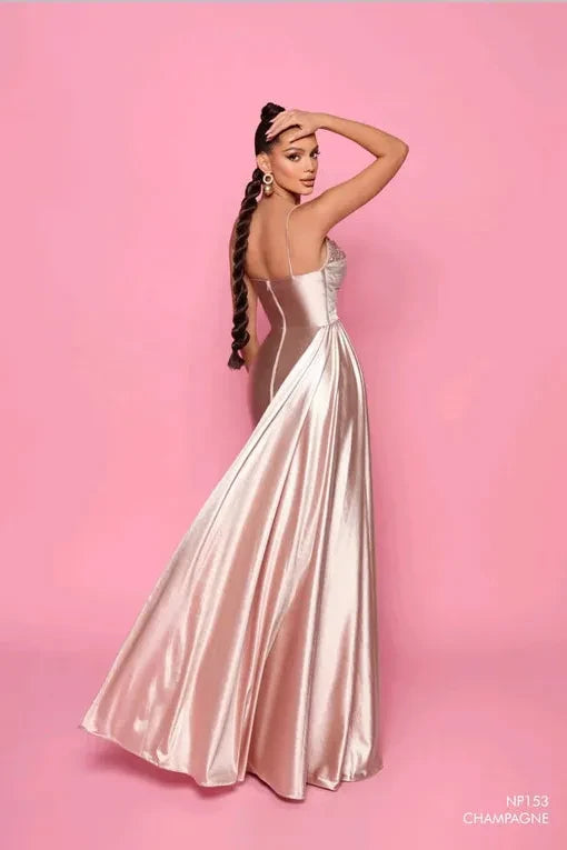 NICOLETTA  GOWN - Champagne stretchy glossy satin with sequin embellishment