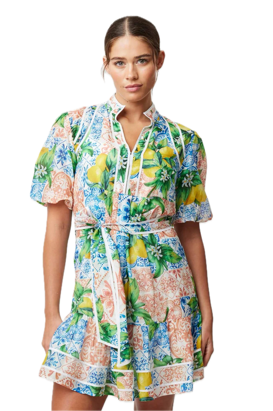 Once Was LUCIA Limonata Print Cotton Silk Summer Dress with Puff Sleeves