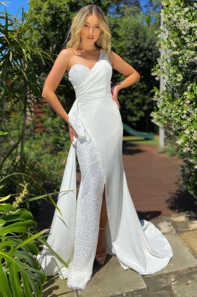 J’ADORE AUSTRALIA WEDDING GOWN - IVORY - Bread Boutique  - asymmetrical, dress, EMBELLISHED, FISHTAIL, GLAMOROUS, GORGEOUS, GOWNS, J'ADORE, JERSEY, JX5009, one shoulder, SEXY, SOFT, SOPHISTICATED, sophisticaterd, STUNNING, stylish, WAISTED - Darwin boutique - Darwin fashion