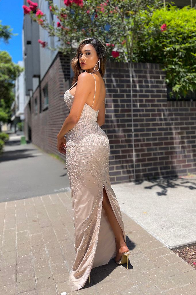 J’ADORE  AUSTRALIA FULLY BEADED GOWN - NUDE - Bread Boutique  - absolutely stunning, asymmetrical, GLAMOROUS, GORGEOUS, GOWNS, JX5026, JX5033, SEQUINED, SEXY, SHIMMERING, silver, SOFT, SOPHISTICATED, sophisticaterd, STRAPLESS, STUNNING, SUPERB, WAISTED - Darwin boutique - Darwin fashion