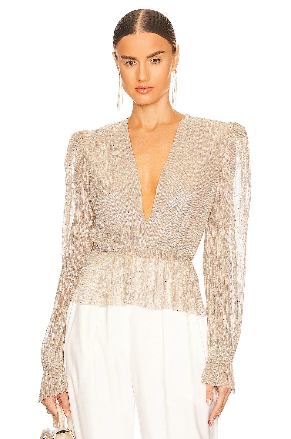 SABINA MUSAYEV LIYA TOP GOLD - Bread Boutique  - asymmetrical, BLOUSE, CHAMPAGNE, GORGEOUS, LONG SLEEVED, SABINA MUSAYEV, SEQUINED, SEXY, SHIMMER, shiny, sleeved, SOFT, sophisticaterd, STRETCHY, SUPERB, TOPS, WAISTED - Darwin boutique - Darwin fashion