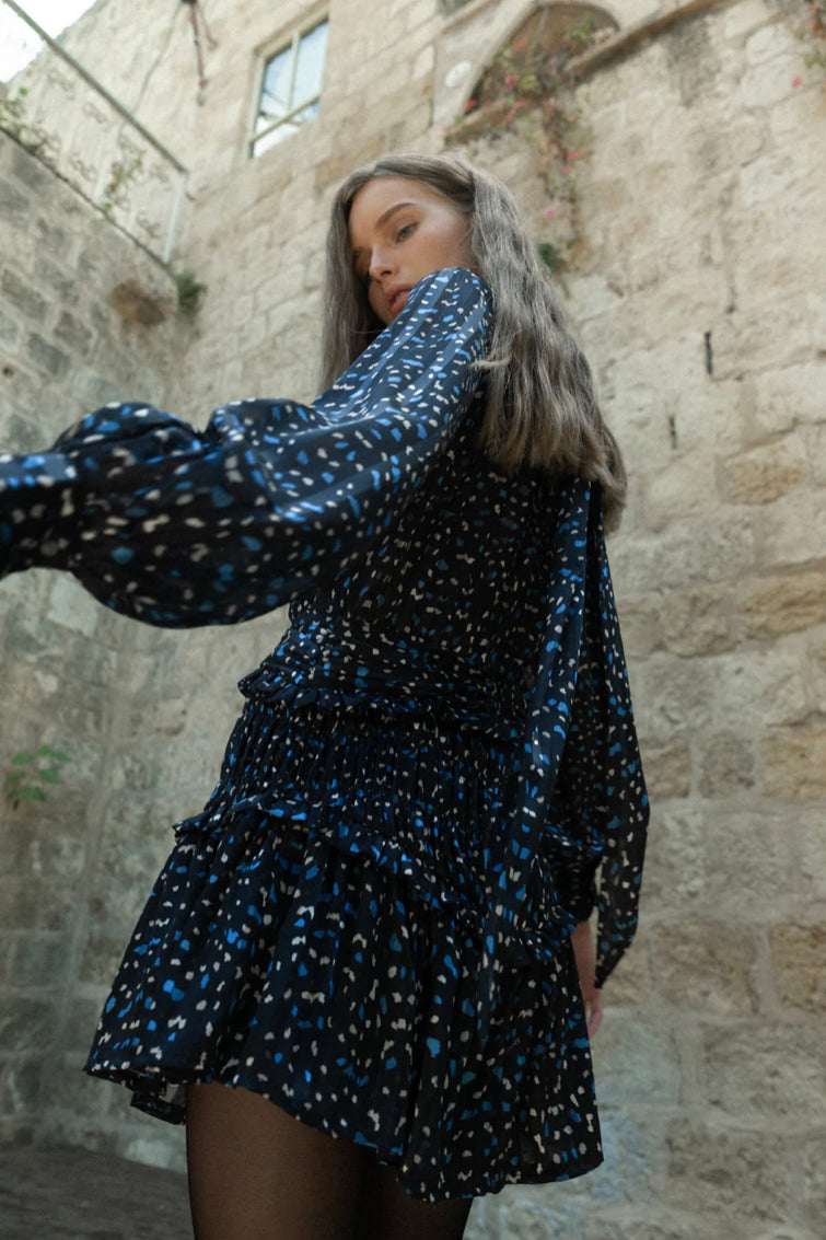 SABINA MUSAYEV AMABEL DRESS - Bread Boutique  - asymmetrical, black, BLUE, GLAMOROUS, GORGEOUS, polyester, printed, puffed sleeve, SABINA MUSAYEV, SATIN, SEXY, SHIMMERING, shiny, sleeved, SOFT, SOPHISTICATED, sophisticaterd, STUNNING, SUPERB, WAISTED - Darwin boutique - Darwin fashion