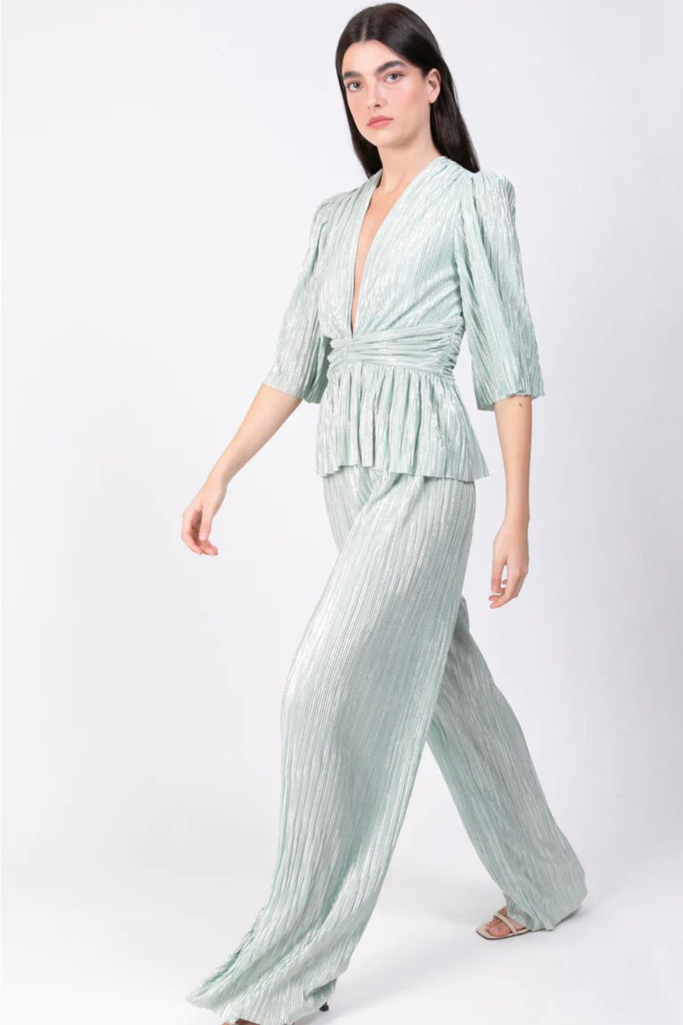 SABINA MUSAYEV VALEY TOP - Bread Boutique  - absolutely stunning, asymmetrical, BLOUSE, GORGEOUS, LONG SLEEVED, loose fit, polyester, puffed sleeve, SABINA MUSAYEV, SAGE, SEXY, SHIMMER, SHIMMERING, sophisticaterd, stylish, summer, SUPERB, TOPS - Darwin boutique - Darwin fashion